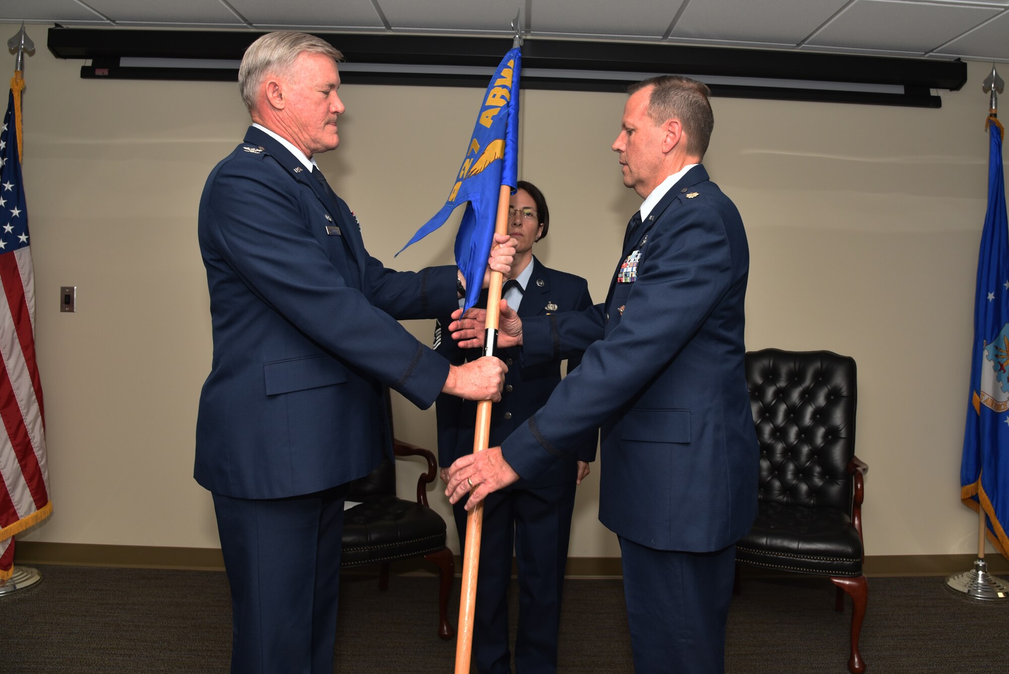 Maj. David Lydon assumes command of the 927th Security Forces Squadron during an assumption of command ceremony Jan. 9, 2016. (U.S. Air Force photo by Staff Sgt. Adam C. Borgman)