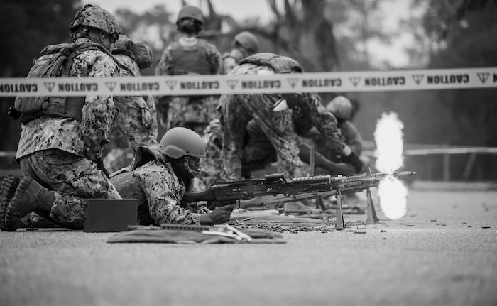 Master at Arms 3rd Class Jerald Johnson fires the M240 Bravo machine gun during weapons sustainment training Jan. 9, 2016, at Joint Base Charleston, S.C. The two day, semi-annual training event was hosted by the Coastal Riverine Squadron 10 Bravo Company, a Navy Reserve team stationed at Joint Base Charleston – Weapons Station. The participants were required to show proficiency and familiarization with the M240B machine gun. (U.S Air Force Photo/Staff Sgt. Jared Trimarchi) 