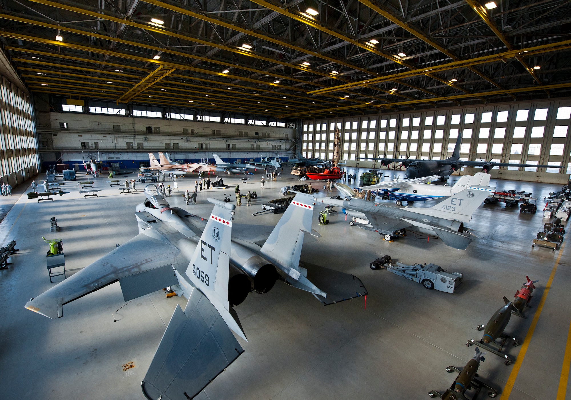 King Hangar was turned into a Team Eglin airpower petting zoo and was the last stop of the Commander-In-Chief’s Installation Excellence Award evaluation team Jan. 15 at Eglin Air Force Base, Fla.  Aircraft and displays from nearly every Team Eglin unit were represented in the hangar to provide a lasting impression of the base before the evaluators left to make their selections of this year’s winner.  (U.S. Air Force photo/Samuel King Jr.)