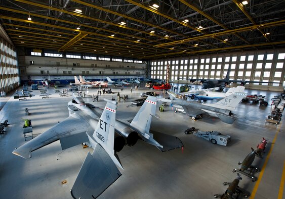 King Hangar was turned into a Team Eglin airpower petting zoo and was the last stop of the Commander-In-Chief’s Installation Excellence Award evaluation team Jan. 15 at Eglin Air Force Base, Fla.  Aircraft and displays from nearly every Team Eglin unit were represented in the hangar to provide a lasting impression of the base before the evaluators left to make their selections of this year’s winner.  (U.S. Air Force photo/Samuel King Jr.)