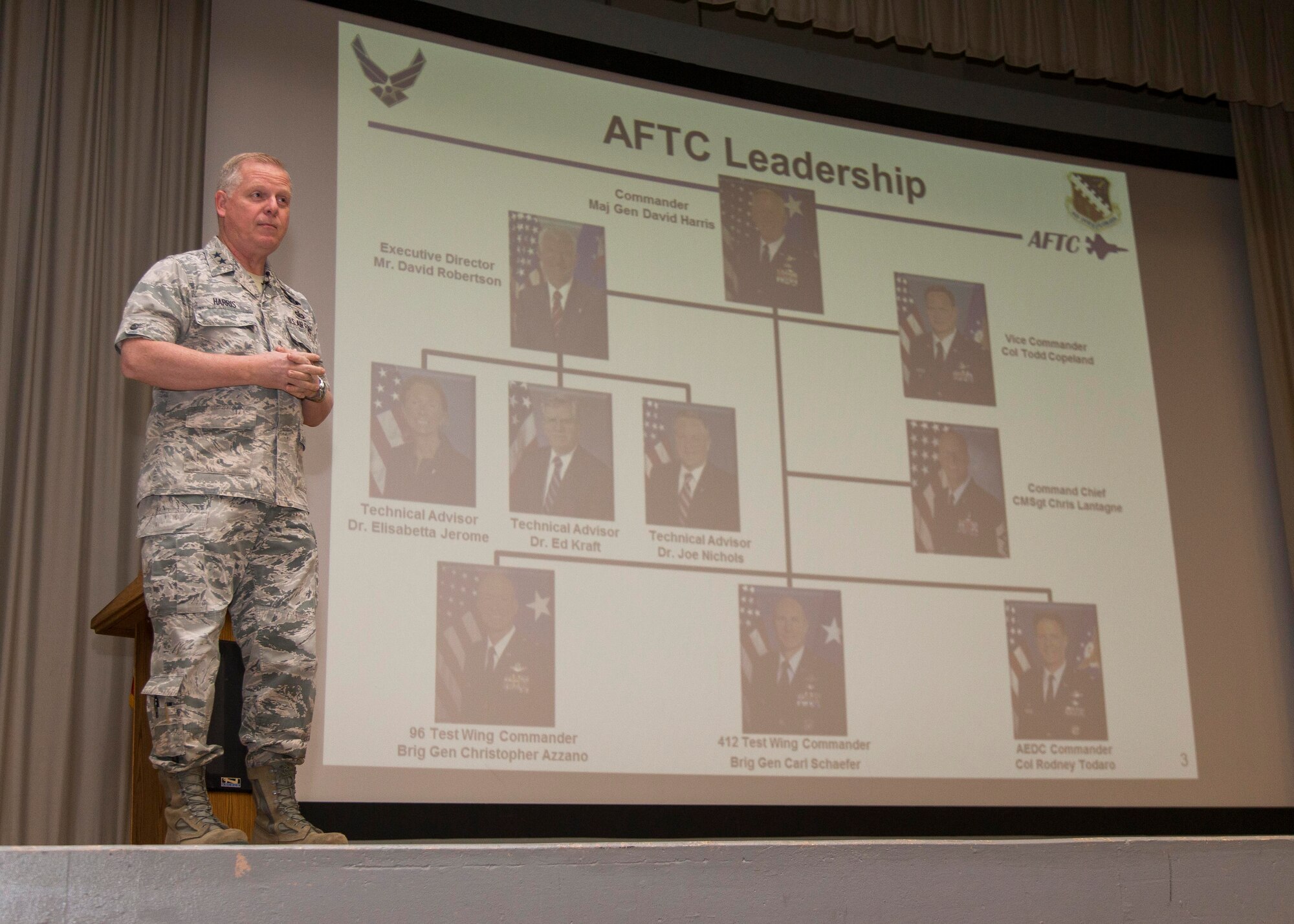 Maj. Gen. David Harris, Air Force Test Center commander, addresses the audience during a commander's call in the base theater Jan. 14. (U.S. Air Force photo by Chris Okula)