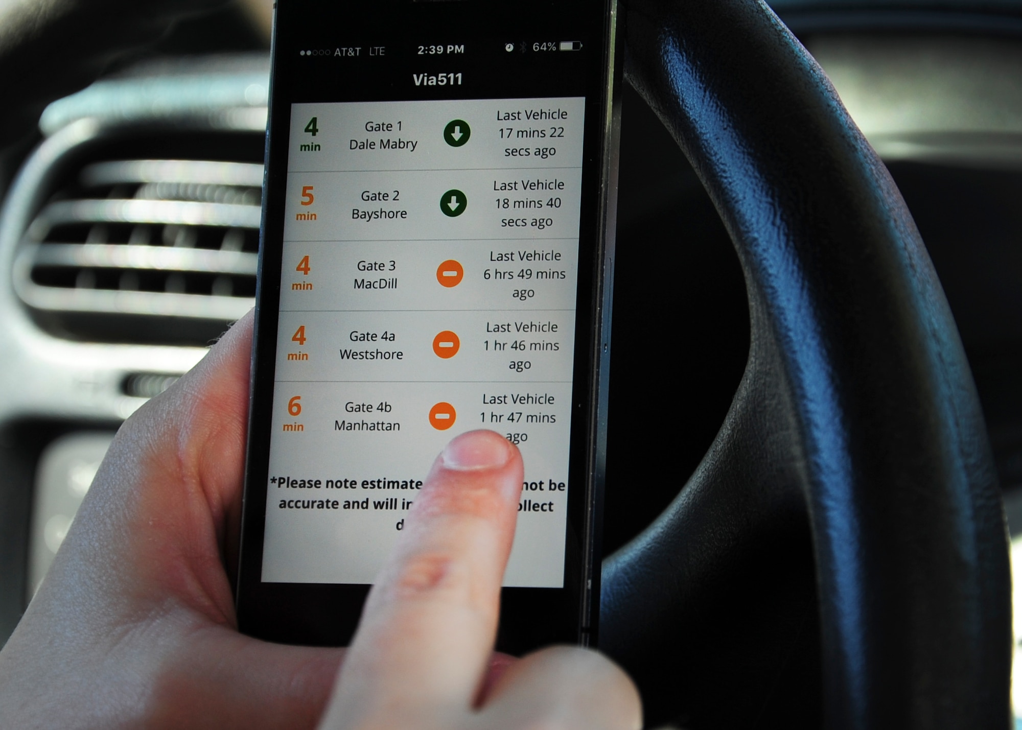 The Via511 app is now available to all personnel at MacDill Air Force Base, Fla. On the app, each gate is listed with an estimated travel time from Gandy Boulevard to each gate and the amount of time passed since the last vehicle entered each gate using the app. The app can help plan your daily commute by providing the wait times for each gate. (U.S. Air Force photo by Senior Airman Jenay Randolph)

