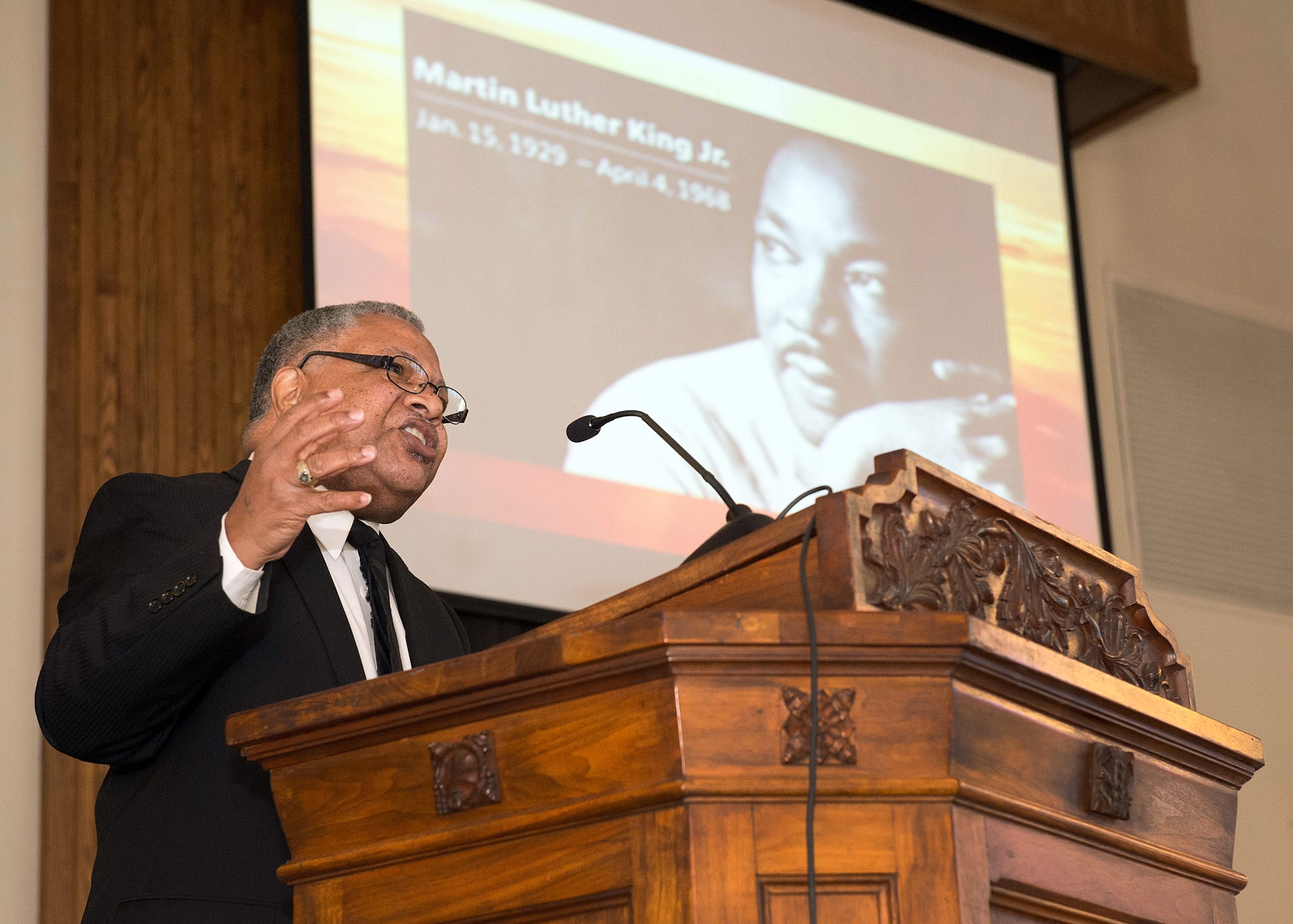 Timothy Martin, 66th Security Forces Squadron employee, reenacts the Dr. Martin Luther King, Jr. “I Have a Dream” speech during a celebration to remember Dr. King at the base chapel Jan. 15. This year's observance once again reflected the theme: Remember! Celebrate! Act! A Day On, Not a Day Off! (U.S. Air Force photo by Jerry Saslav)