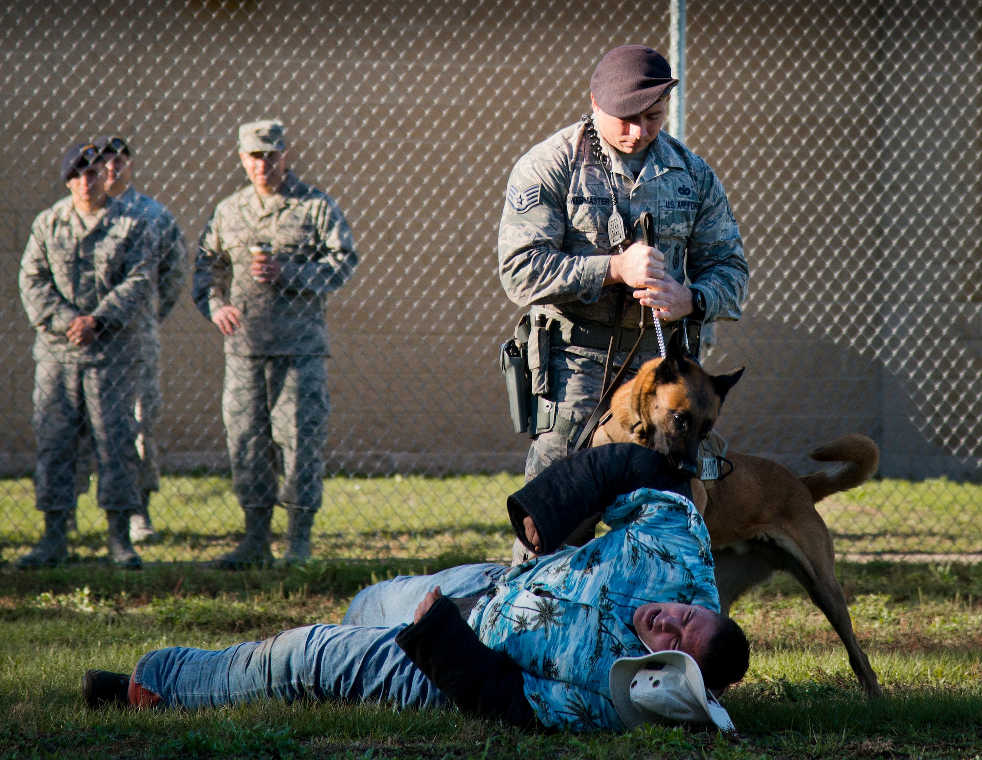 A Commander-In-Chief’s Installation Excellence Award evaluator watches as Staff Sgt. Bryan Bowermaster and Arko, 96th Security Forces Squadron, get control of a simulated assailant during a demonstration Jan. 15 at Eglin Air Force Base, Fla.  The team visited many of the base’s support units and areas on the second and final day of their tour.  (U.S. Air Force photo/Samuel King Jr.)