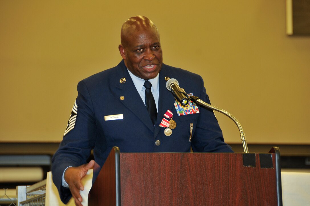 Chief Master Sergeant Lindsey McCall, 187th Fighter Wing Command Chief, speaks during his retirement ceremony Jan. 9, 2016 at Montgomery Regional Air National Guard Base, Montgomery, Al. McCall has served more than 40 years, and has been a Chief Master Sergeant since 1993. (U.S. Air National Guard photo by Tech. Sergeant Chris Baldwin/Released)