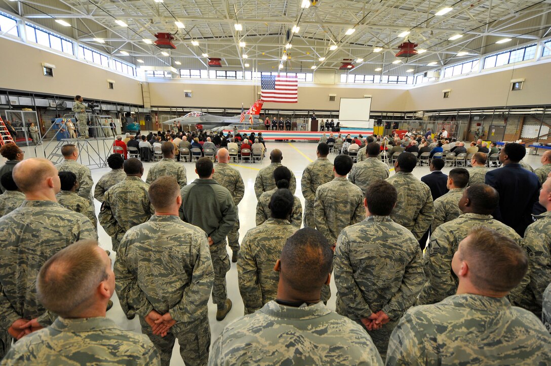 Wing personnel stand in formation at the retirement ceremony honoring Chief Master Sgt. Lindsey McCall, 187th Fighter Wing Command Chief, on January 9 at Montgomery Regional Air National Guard Base, Montgomery, Al. (U.S. Air National Guard photo by Tech. Sergeant Chris Baldwin/Released)