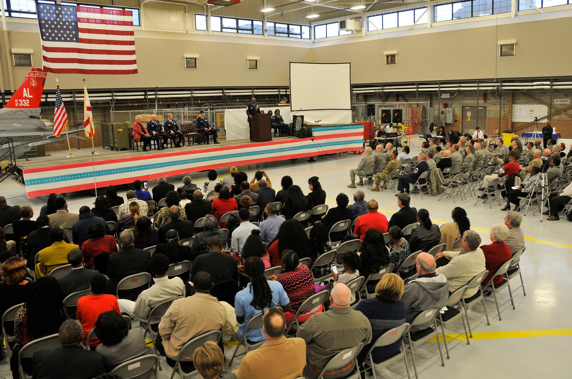 Hundreds of visitors attend the retirement ceremony for Chief Master Sgt. Lindsey McCall, 187th Fighter Wing Command Chief, on January 9 at Montgomery Regional Air National Guard Base, Montgomery, Ala. (U.S. Air National Guard photo by Tech. Sergeant Chris Baldwin/Released)