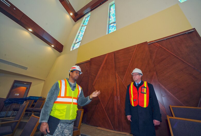 In this photo, Chaplain (Col.) Raymond A. Robinson, Jr., the USFK command chaplain, tours the new, nearly completed chapel #1 at Camp Humphreys.


One critical aspect of any military installation is a space that allows for service members to exercise their freedom of religion. For a military city, greater numbers and diversity demand more than just a single space. The first of four new chapels is slated to be put into use by mid-2016.

Until around 2014, U.S. Army Garrison-Humphreys personnel exercised their freedom of religion using one small chapel (the Freedom Chapel) and a small worship space in the 501st Military Intelligence area, said Robinson. Since the Freedom Chapel was demolished, the chaplains have been holding services in the Humphreys high school through a facility usage agreement with the Department of Defense Education Activity.