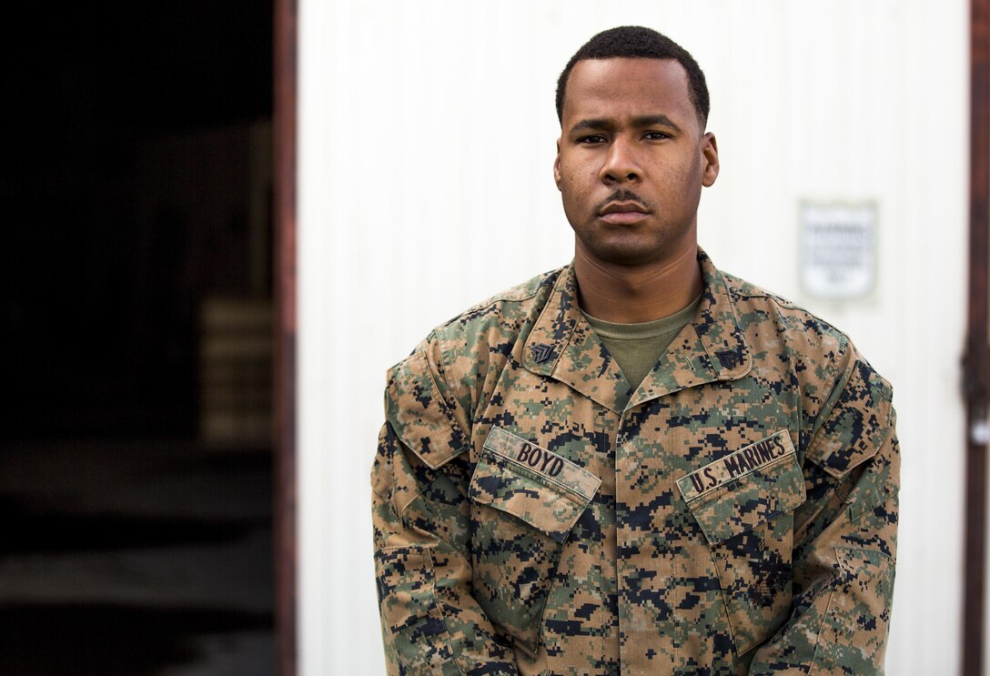 Sgt. Raheem Boyd, a heavy equipment operator with Special-Purpose Marine Air-Ground Task Force Crisis Response-Africa received an American Hero Award aboard Morón Air Base, Spain, Dec. 23, 2015. Boyd, a Birmingham, Alabama native, was recognized for his courageous actions saving another Marine’s life, May, 2015 aboard Camp Lejeune, N.C. (U.S. Marine Corps photo by Staff Sgt. Vitaliy Rusavskiy/Released)