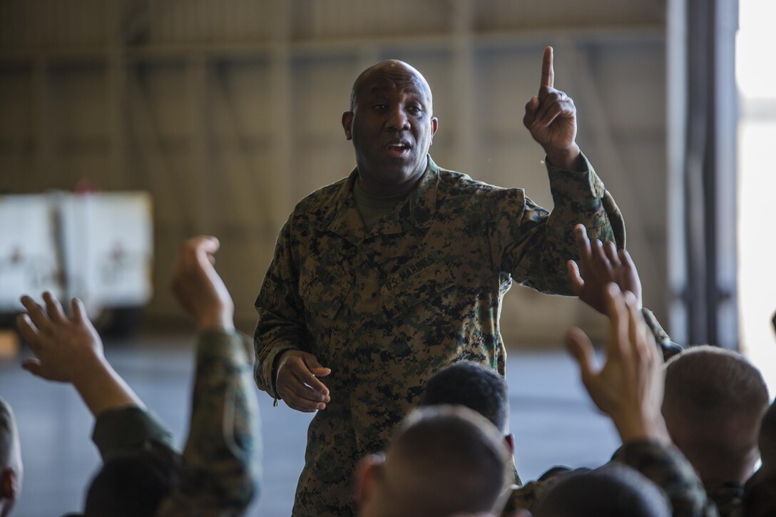 Sergeant Major of the Marine Corps, Sgt. Maj. Ronald L. Green, addresses Marines of Marine Aircraft Group 49, 4th Marine Aircraft Wing, at Naval Air Station Joint Reserve Base, New Orleans, Jan. 19, 2016. Sgt. Maj. Green discussed some of his experiences in the Marine Corps, explained how he arrived to the position he is in today, and urged the Marines to stand up and share their experiences in the Corps. Green also commended Marines for their hard work, encouraged them to protect what they’ve earned as a Marine, and emphasized the importance of upholding the standards of the Corps on and off duty.