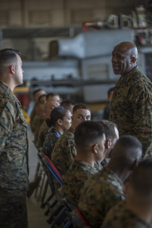 Sergeant Major of the Marine Corps, Sgt. Maj. Ronald L. Green, addressed Marines of Marine Aircraft Group 49, 4th Marine Aircraft Wing, at Naval Air Station Joint Reserve Base New Orleans, Jan. 19, 2016. Sgt. Maj. Green exchanged stories with the Marines about their time before the Corps and how they made the decision to become Marines. Green also commended Marines for their hard work, encouraged them to protect what they’ve earned as Marines, and emphasized the importance of upholding the standards of the Corps on and off duty.