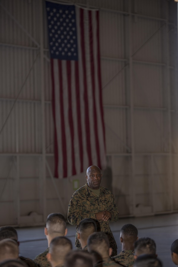 Sergeant Major of the Marine Corps, Sgt. Maj. Ronald L. Green, greets Marines with Marine Aircraft Group 49, 4th Marine Aircraft Wing, stationed at Naval Air Station Joint Reserve Base New Orleans, Jan. 19, 2016. Sgt. Maj. Green addressed the Marines as a group and individually, urging them to protect what they’ve earned as a Marine and continue to uphold the standards of the Corps on and off duty.