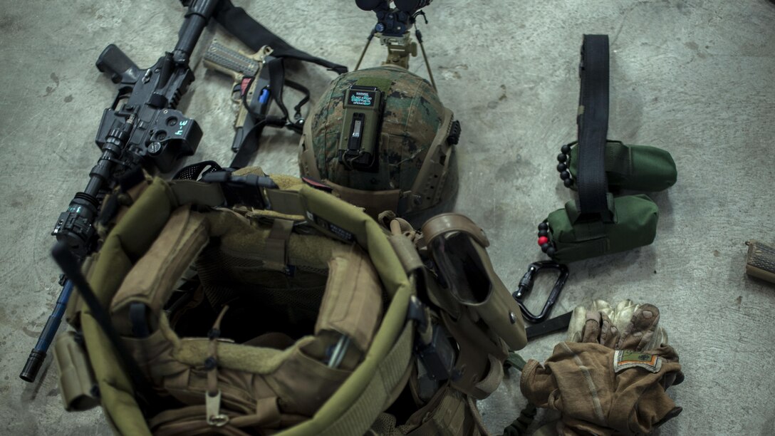 The gear of a Marine with Maritime Raid Force, 31st Marine Expeditionary Unit, sits out ready to be used during Realistic Urban Training Exercise on Guam, Jan. 13, 2016. RUTEX is a high-intensity close-quarter battle training exercise conducted in an actual urban environment to provide a high degree of realism to the training. The exercise is part of the MRF’s pre-deployment training before their upcoming deployment with the 31st MEU.