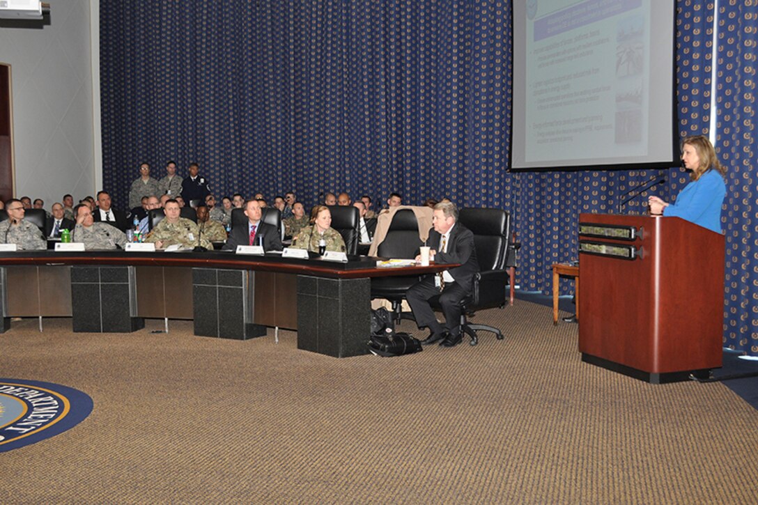 Amanda Simpson, Deputy Assistant Secretary of Defense for Operational Energy, answers questions from the audience during the 15th annual Joint Petroleum Seminar at the McNamara Headquarters Complex at Fort Belvoir, Virginia, Jan. 12.