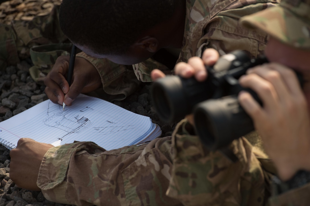 U.S. soldiers create sector sketches during long-range marksmanship training on Camp Lemonnier, Djibouti, Jan. 7, 2016. U.S. Air Force photo by Tech. Sgt. Barry Loo
