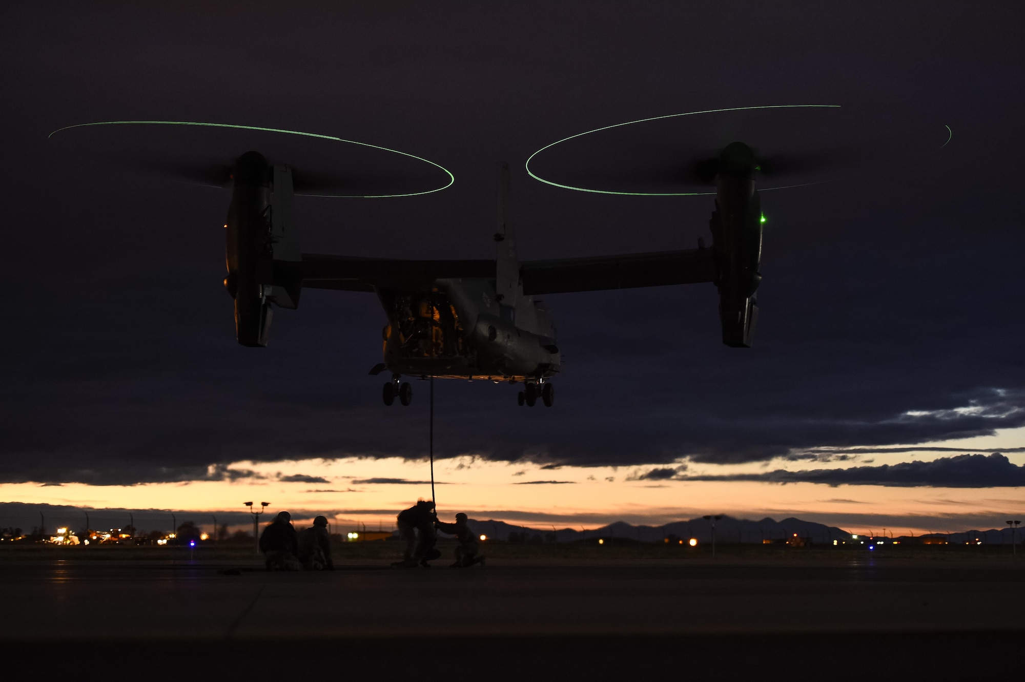Soldiers with the 19th Special Operations Group practice fast-roping out of a CV-22 Osprey in preparation for a routine training operation at Hill Air Force Base, Utah, Nov. 4, 2015. Ultimate Archer was a task force exercise that put Air Commandos in an unfamiliar environment to practice deployed operations. The six-day exercise gave Hurlburt Airmen a chance to work with units outside of the 1st Special Operations Wing including the 388th Fighter Wing and the 19th SOG. (U.S. Air Force photo by Airman Kai White)