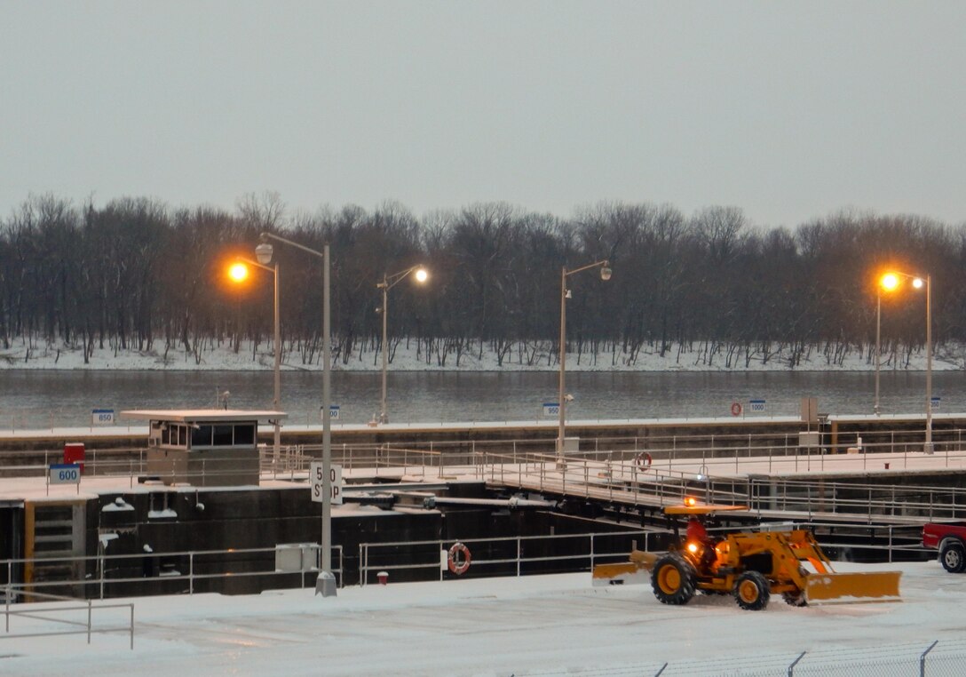 Snow covers the ground at John T. Myers Locks and Dam on the Ohio River, Mount Vernon, Indiana.