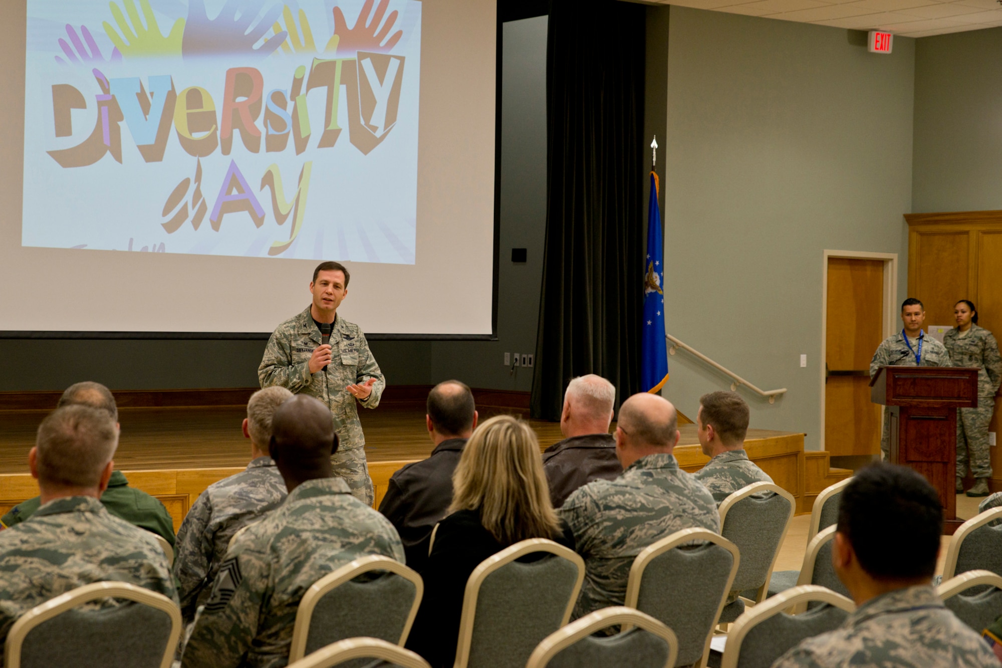U.S. Air Force Col. James Dryjanski, commander, 314th Airlift Wing, speaks to attendees during the opening ceremony of the Team Little Rock Diversity Day 2016 celebration in the Walter Community Support Center, Jan. 15, 2016, at Little Rock Air Force Base, Ark. The Diversity Day event was held to celebrate the life, history, and culture of the nation’s Servicemen and women, and offered those who attended an opportunity to experience cultural performances and sample food from around the world. (U.S. Air Force photo by Master Sgt. Jeff Walston/Released)