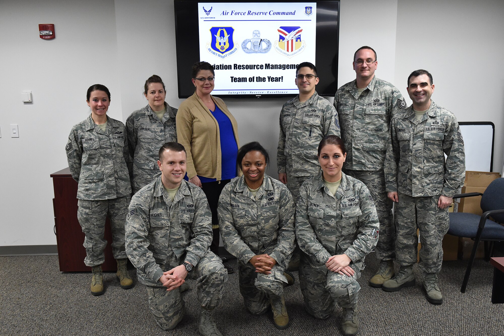 Members of the 910th Airlift Wing Aviation Resource Management (ARM) team, which was recently named 2015 Sergeant Dee Campbell Outstanding Small Unit Air Force ARM Team of the Year by Air Force Reserve Command (AFRC), pose for a photo here, Jan. 10, 2016. This award is given to the best ARM team within AFRC with 29 or fewer members. Members of the 910th ARM team, which consists of five full-time managers and six Traditional Reservist members, won the award for the fourth time since 2010. Aviation resource managers maintain flight records, validate aircraft safety, monitor daily flight mission data, establish schedules for aircrew training and more to ensure everything and everybody is ready to carry out the 910th’s mission: Deploy, Deliver, Defend. (U.S. Air Force photo/Tech. Sgt. Rick Lisum)