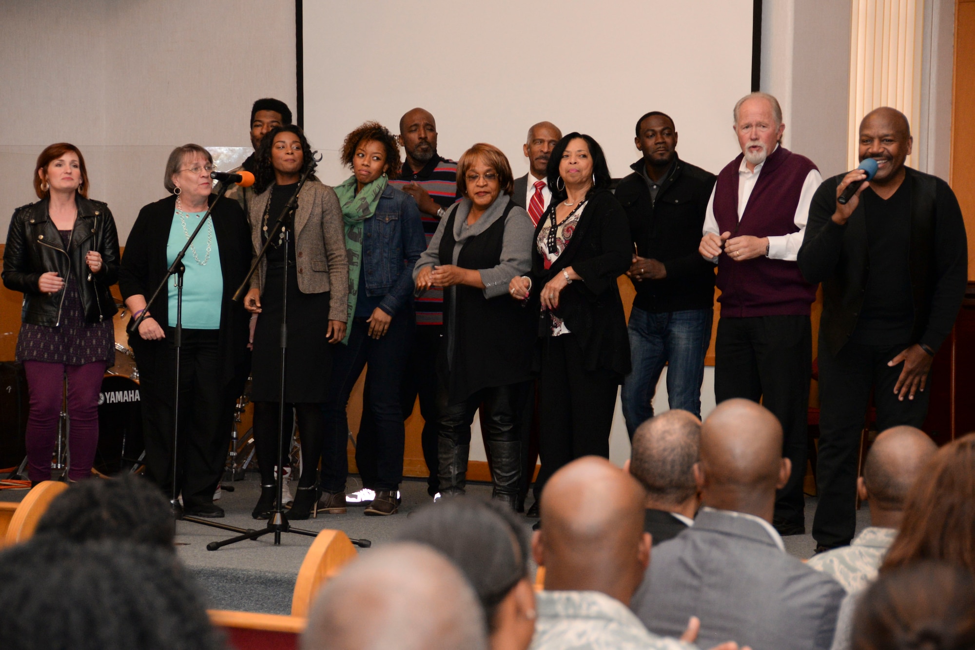 Members of the Shreveport Community Church choir perform a medley of songs during the Martin Luther King Jr. commemorative worship service at Barksdale Air Force Base, La., Jan. 14, 2016. Team Barksdale and community members honored King’s service to others by holding a worship service focusing on the theme Called to Serve. (U.S. Air Force photo by Senior Airman Amanda Morris)