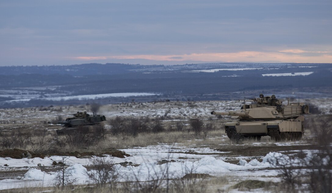 U.S. Marine M1A1 Abrams tanks conduct maneuver training during Platinum Lion 16-2 at Novo Selo Training Area, Bulgaria, Jan. 8, 2016. U.S. Marine Corps photo by Cpl. Justin T. Updegraff