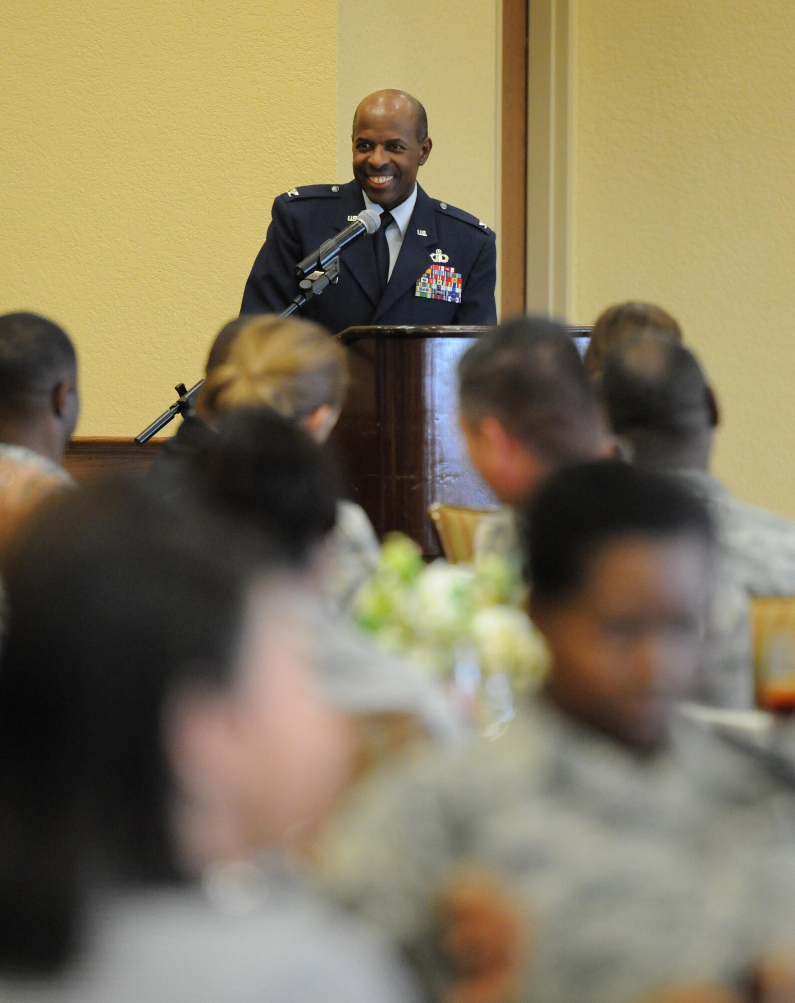 Col. Malcolm Johnson, 2nd Air Force vice commander, speaks at the annual Dr. Martin Luther King Jr. Memorial Luncheon at the Bay Breeze Event Center, Jan. 14, 2016, Keesler Air Force Base, Miss. The event was held to honor the legacy of King who inspired civil rights activism within the African American community.  The Keesler African-American Heritage Committee sponsored the event. (U.S. Air Force photo by Kemberly Groue)