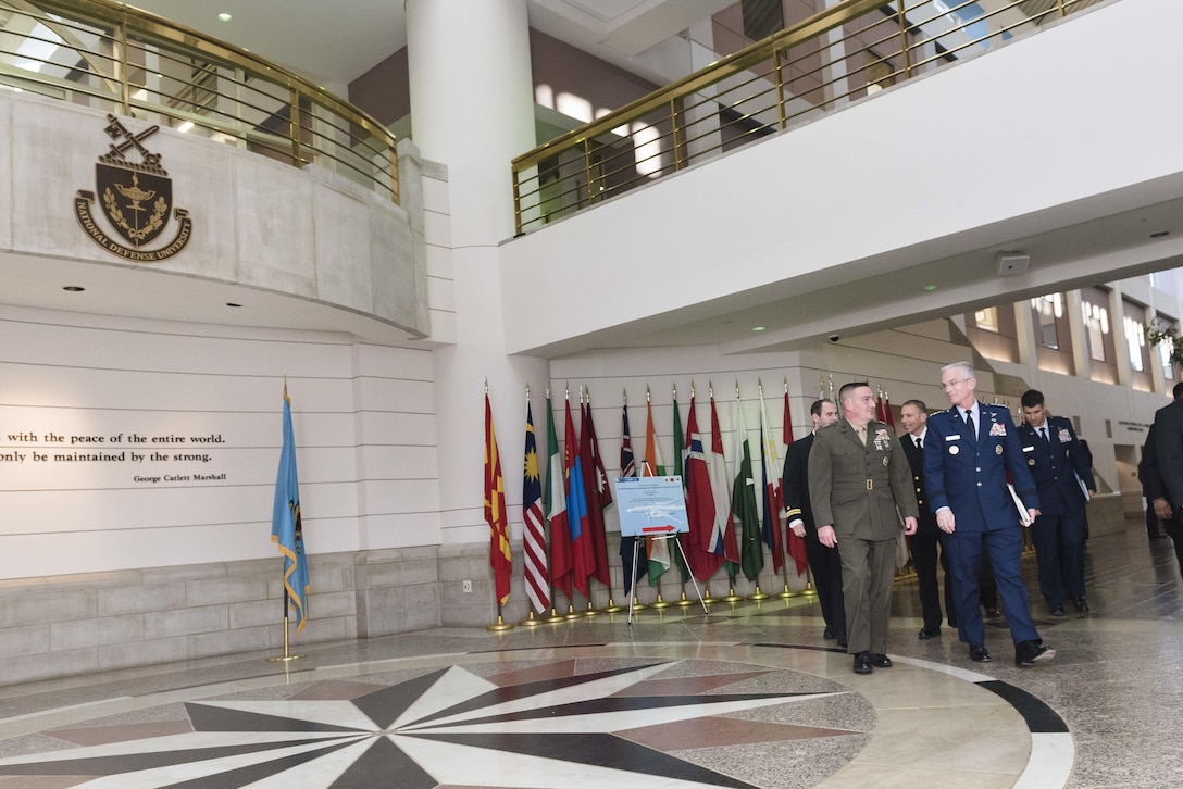 Air Force Gen. Paul J. Selva, right, vice chairman of the Joint Chiefs of Staff, walks with Marine Corps Maj. Gen. Frederick M. Padilla, National Defense University president, before a conference on weapons of mass destruction at the university on Fort McNair in Washington, D.C., Jan. 19, 2016. DoD photo by Army Staff Sgt. Sean K. Harp