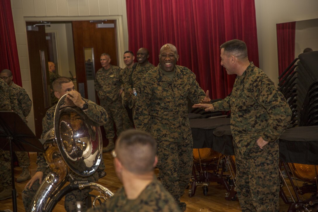 Sergeant Major of the Marine Corps, Sgt. Maj. Ronald L. Green visited Marine Corps Band New Orleans at Marine Corps Support Facility New Orleans, Jan. 20, 2015. Green shared his experiences with the band about his past as a musician and commended them on their stellar performance. Green also discussed the 'Protect What You've Earned' campaign, urging Marines to protect what they’ve earned as a Marine, and to continue to uphold the standards of the Corps on and off duty. 