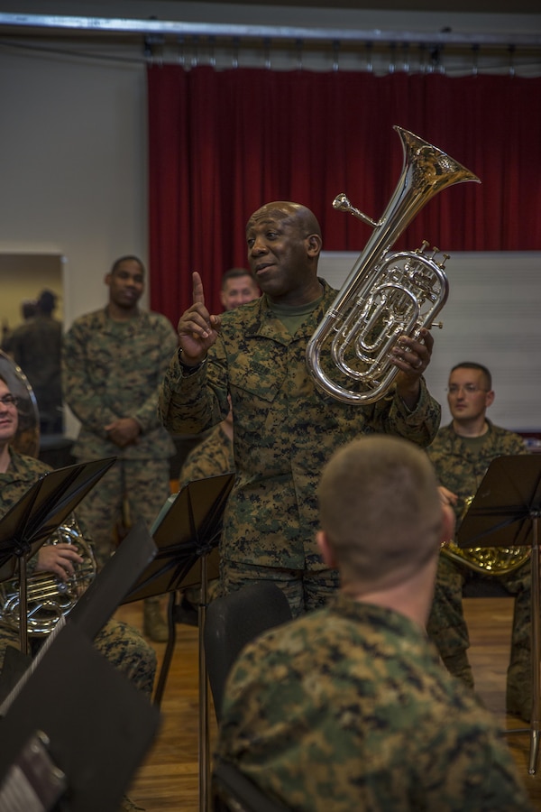 Sergeant Major of the Marine Corps, Sgt. Maj. Ronald L. Green visited the Marine Corps Band New Orleans at Marine Corps Support Facility New Orleans, Jan. 20, 2015. Green shared his experiences with the band about his past as a musician and commended them on their stellar performance. Green also discussed the 'Protect What You've Earned' campaign, urging Marines to protect what they’ve earned as a Marine, and to continue to uphold the standards of the Corps on and off duty. 