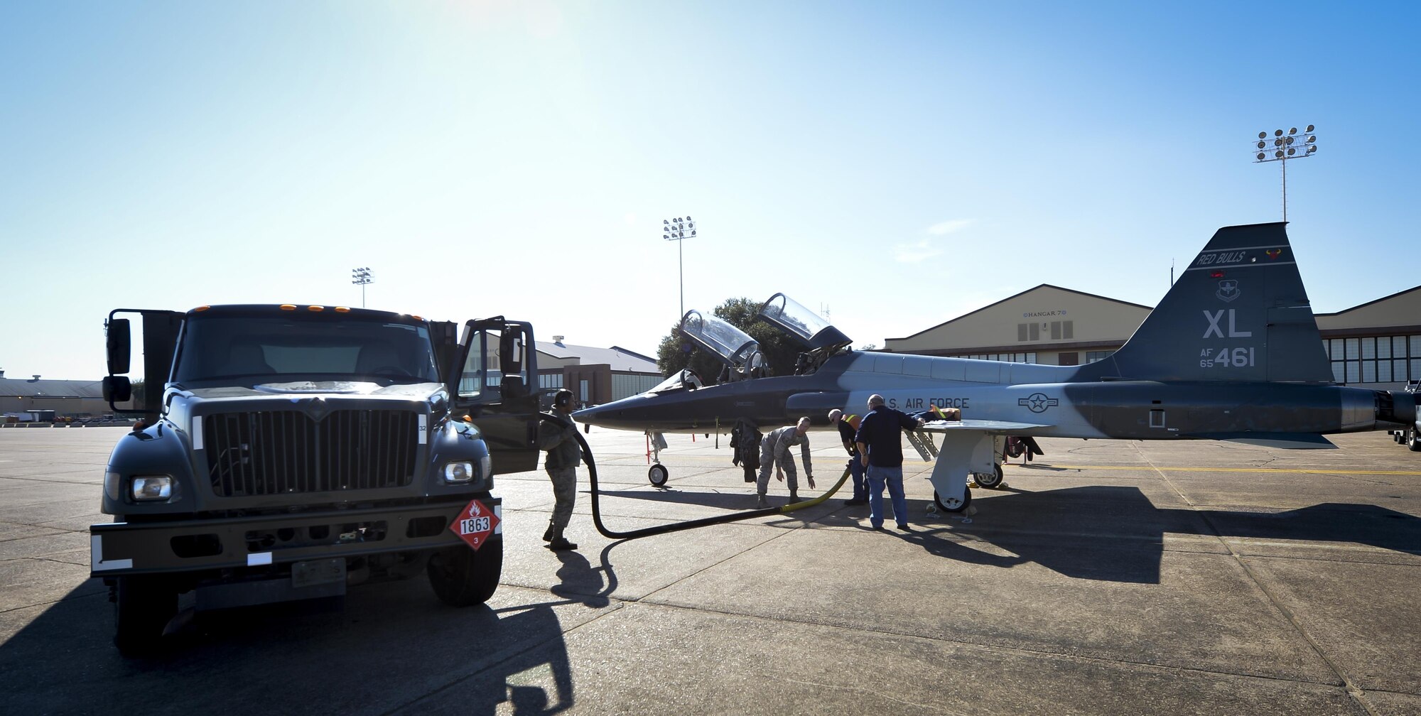 Airmen assigned to the 2nd Logistics Rediness Squadron petroleum, oils and lubricants distribution flight fuel a visiting T-38 Talon at Barksdale Air Force Base, La., Jan. 12, 2016. Distribution flight Airmen are trained to provide fuel to a variery of different aircraft. (U.S. Air Force photo/Airman 1st Class Mozer O. Da Cunha)