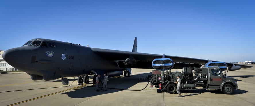 Airmen assigned to the 2nd Logistics Readiness Squadron petroleum, oils and lubricants distribution flight fuel a B-52 Stratofortress at Barksdale Air Force Base, La., Jan. 12, 2016. The distribution flight uses 22 vehicles to move an average of 600,000 gallons of fuel per week. (U.S. Air Force photo/Airman 1st Class Mozer O. Da Cunha)

