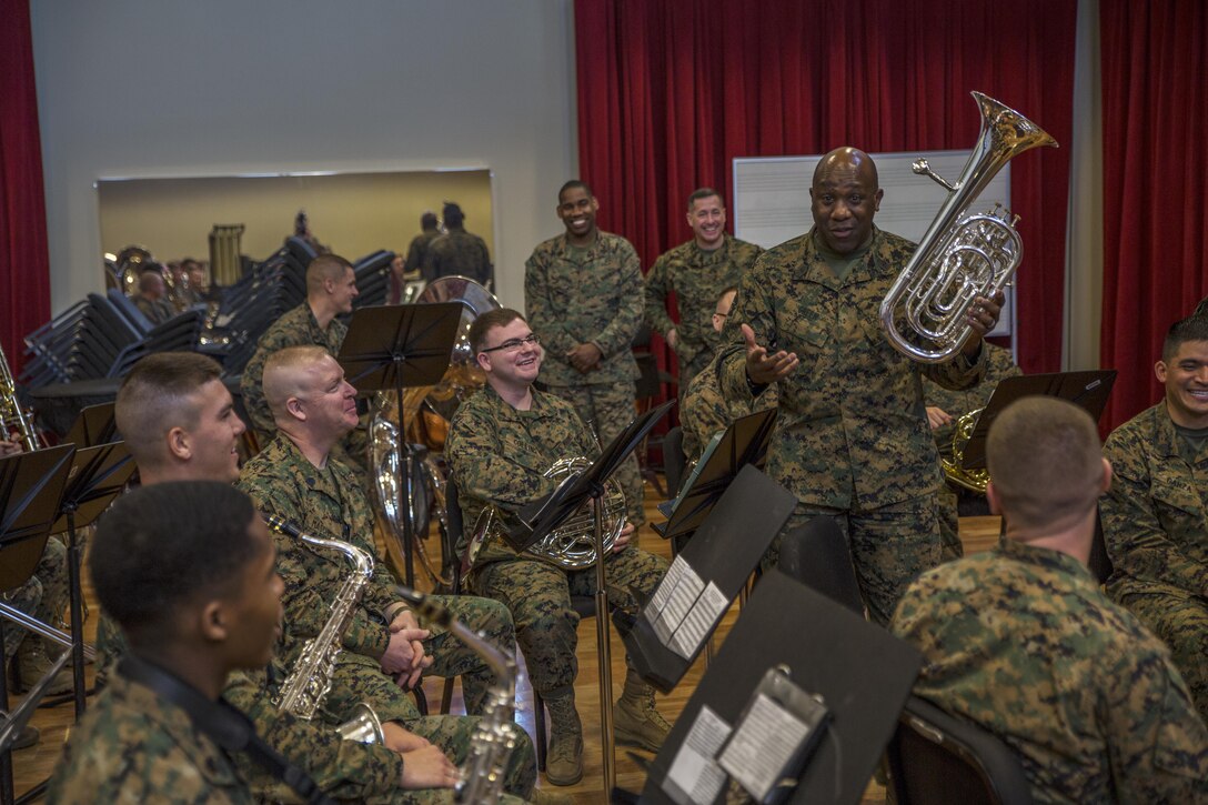 Sergeant Major of the Marine Corps, Sgt. Maj. Ronald L. Green visited the Marine Corps Band New Orleans at Marine Corps Support Facility New Orleans, Jan. 20, 2015. Green shared his experiences with the band about his past as a musician and commended them on their stellar performance. Green also discussed the 'Protect What You've Earned' campaign, urging Marines to protect what they’ve earned as a Marine, and to continue to uphold the standards of the Corps on and off duty. 