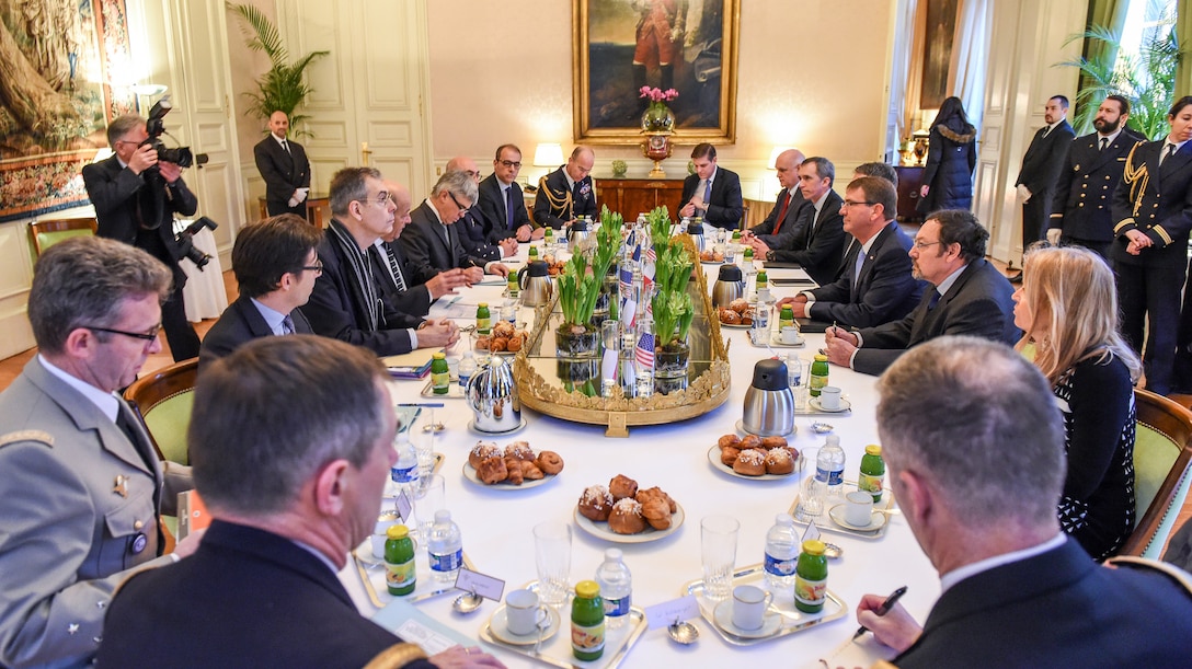 U.S. Defense Secretary Ash Carter, fourth from right, and French Defense Minster Jean-Yves Le Drian, center left, meet in Paris, Jan. 20, 2016, to discuss efforts to fight the Islamic State of Iraq and the Levant. DoD photo by Army Sgt. 1st Class Clydell Kinchen