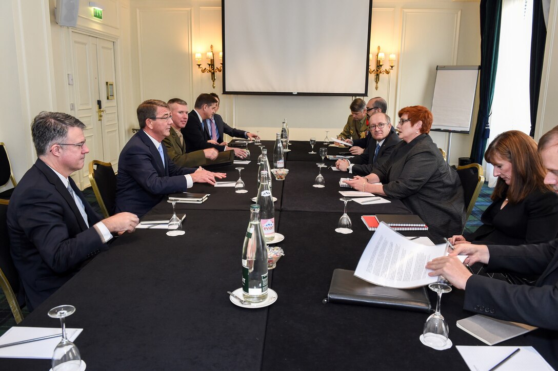 U.S. Defense Secretary Ash Carter, second from left, meets with Australian Defense Minister Marise Payne, third from right, in Paris, Jan. 20, 2016, to discuss the fight against the Islamic State of Iraq and the Levant. DoD photo by Army Sgt. 1st Class Clydell Kinchen