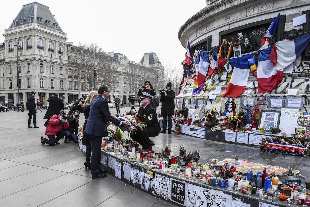 U.S. Defense Secretary Ash Carter and Jane D. Hartley, U.S. ambassador to France, lay a wreath at Place de La Republique in Paris, Jan. 20, 2016, to honor the victims of the November attacks in the city. Carter is in Paris to meet with his French counterpart and attend a defense ministerial, which will address the fight against the Islamic State of Iraq and the Levant. DoD photo by Army Sgt. 1st Class Clydell Kinchen
