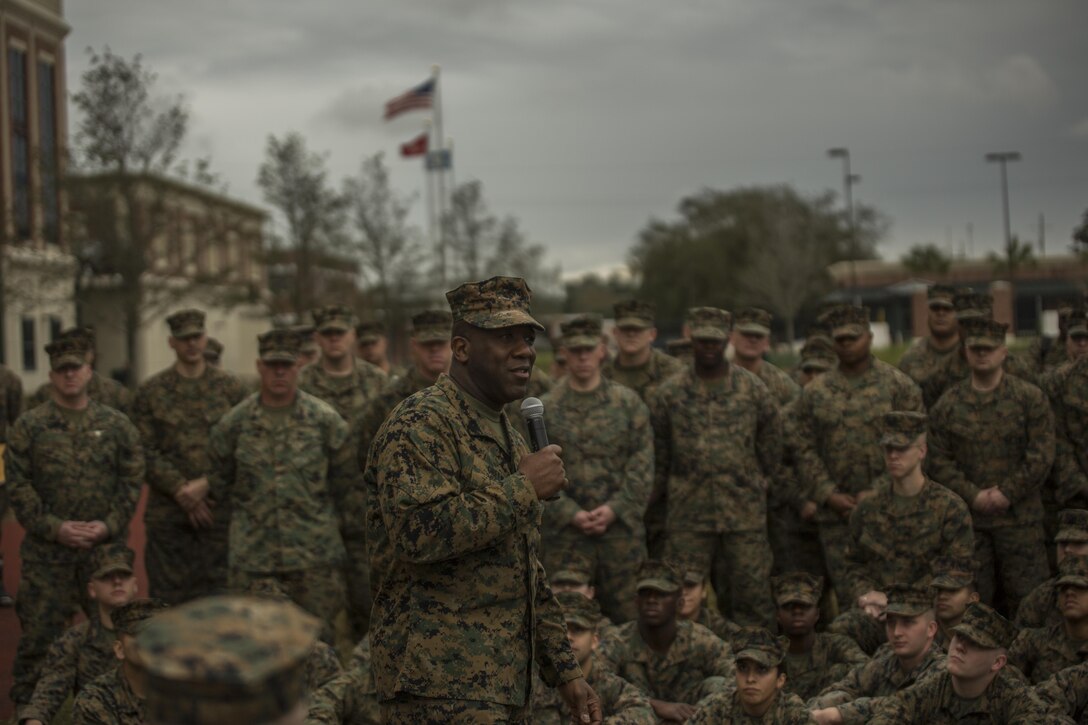 Sergeant Major of the Marine Corps, Sgt. Maj. Ronald L. Green, addresses Marines with Marine Forces Reserve at Marine Corps Support Facility New Orleans, Jan. 20, 2015. Green’s visit entailed getting to know his Marines better and discussing the 'Protect What You've Earned' campaign by urging Marines to continue to uphold the standards of the Corps on and off duty. 