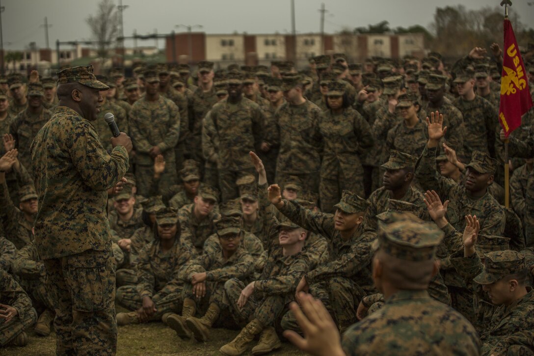 Sergeant Major of the Marine Corps, Sgt. Maj. Ronald L. Green, addresses Marines with Marine Forces Reserve at Marine Corps Support Facility New Orleans, Jan. 20, 2015. Green’s visit entailed getting to know his Marines better and discussing the 'Protect What You've Earned' campaign by urging Marines to continue to uphold the standards of the Corps on and off duty. 
