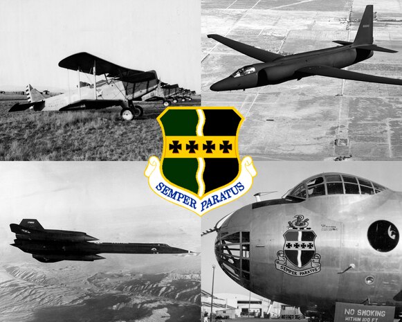 The 9th Reconnaissance Wing crest features the gold and green of the former Army Air Service, a central wavy line denoting the Rio Grande River and early service in Mexico, four black crosses in remembrance of the four major offensives in WWI. Finally, the phrase “Semper Paratus” meaning Always Ready. The official Air Force use of the phrase dates back to 1924. (U.S. Air Force photo illustration by Staff Sgt. Jeffrey M. Schultze)