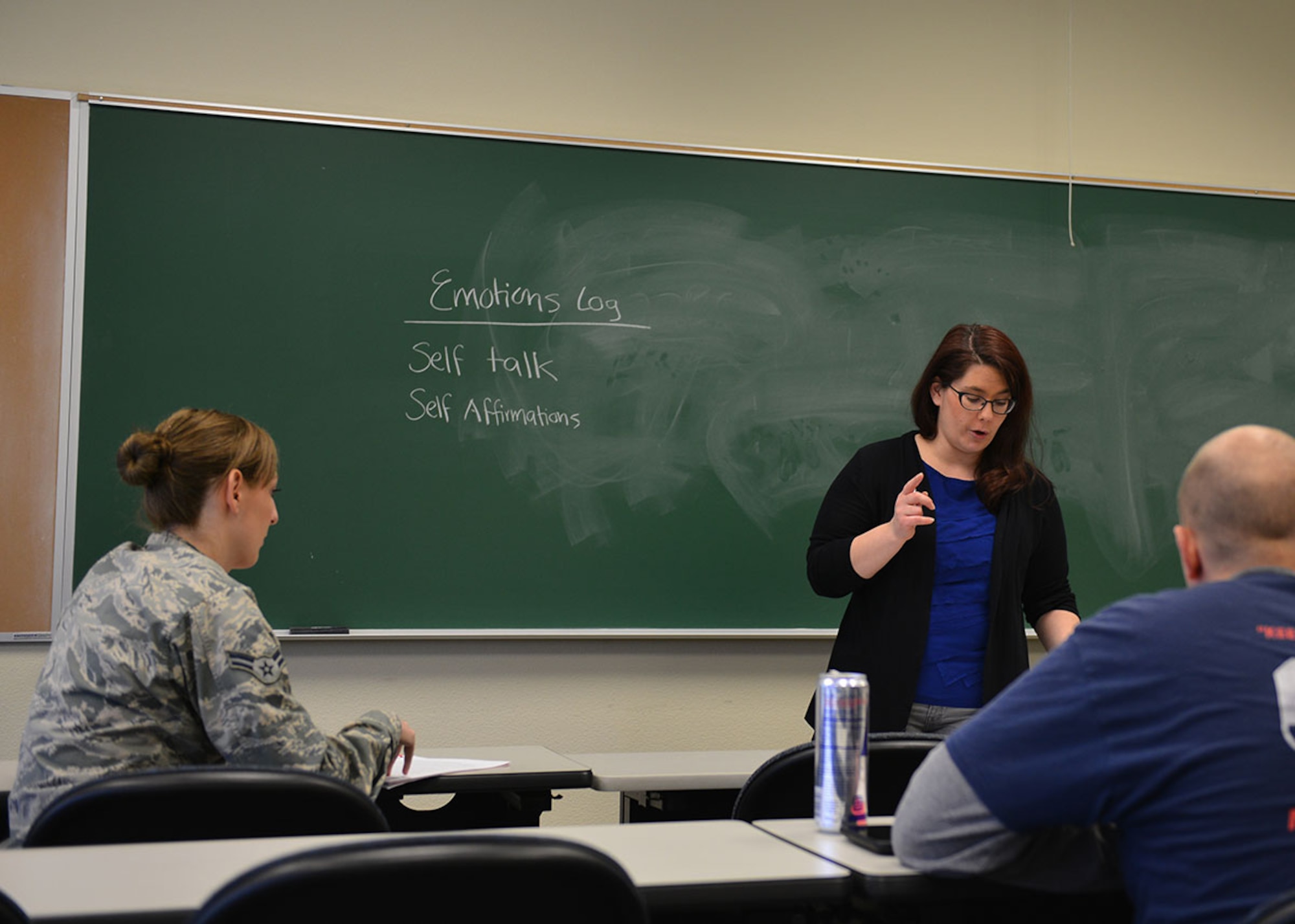 Sarah Blanning, a family outreach coordinator at the Joint Base Elmendorf-Richardson, Alaska Family Advocacy Program teaches an anger management class Jan. 12 at the Richardson education center. Classes like this are offered year-round at a variety of locations by the Family Advocacy Program. (Air Force photo by Airman 1st Class Kyle Johnson)