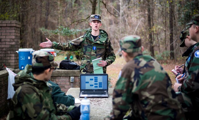 Cadet Colonel Tyler Hoover, Civil Air Patrol, explains a callback process to other cadets during a field training exercise Jan. 9, 2016, on James Island, S.C. The callback process is the means for cadets and seniors to stay in touch with their team while on search-and-rescue missions. The process ensures accountability and accuracy of important information passed from caller to caller. (U.S. Air Force photo/Senior Airman Clayton Cupit)