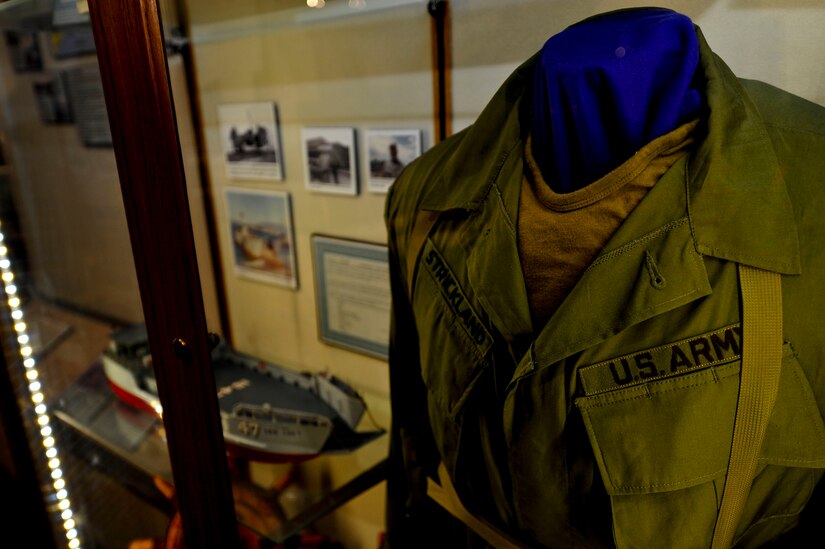 A U.S. Army Vietnam-era uniform sits on display at the U.S. Army Transportation Museum at Fort Eustis, Va., Jan. 7, 2016. The transportation museum features more than 20 major galleries, 45 minor galleries, 35,000 sq. ft. in interior exhibits and over 90, 000 sq. ft. in exterior exhibits. (U.S. Air Force photo by Senior Airman Breonna Veal)
 
