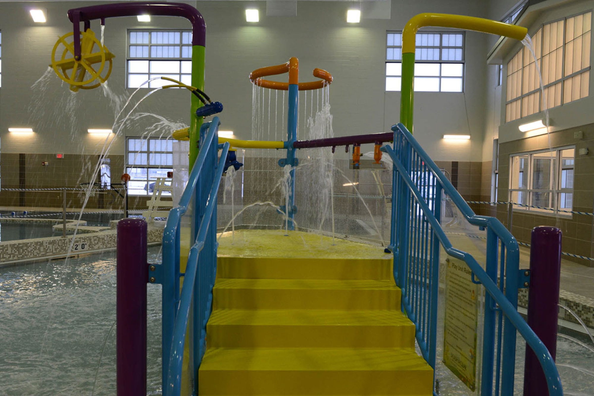 The new pool area at Buckner was built with family recreation in mind and includes a water park with slides and toys, Jan. 13, 2016. The fitness center is scheduled to open spring 2016. (U.S. Air Force photo/Airman 1st Class Javier Alvarez)
