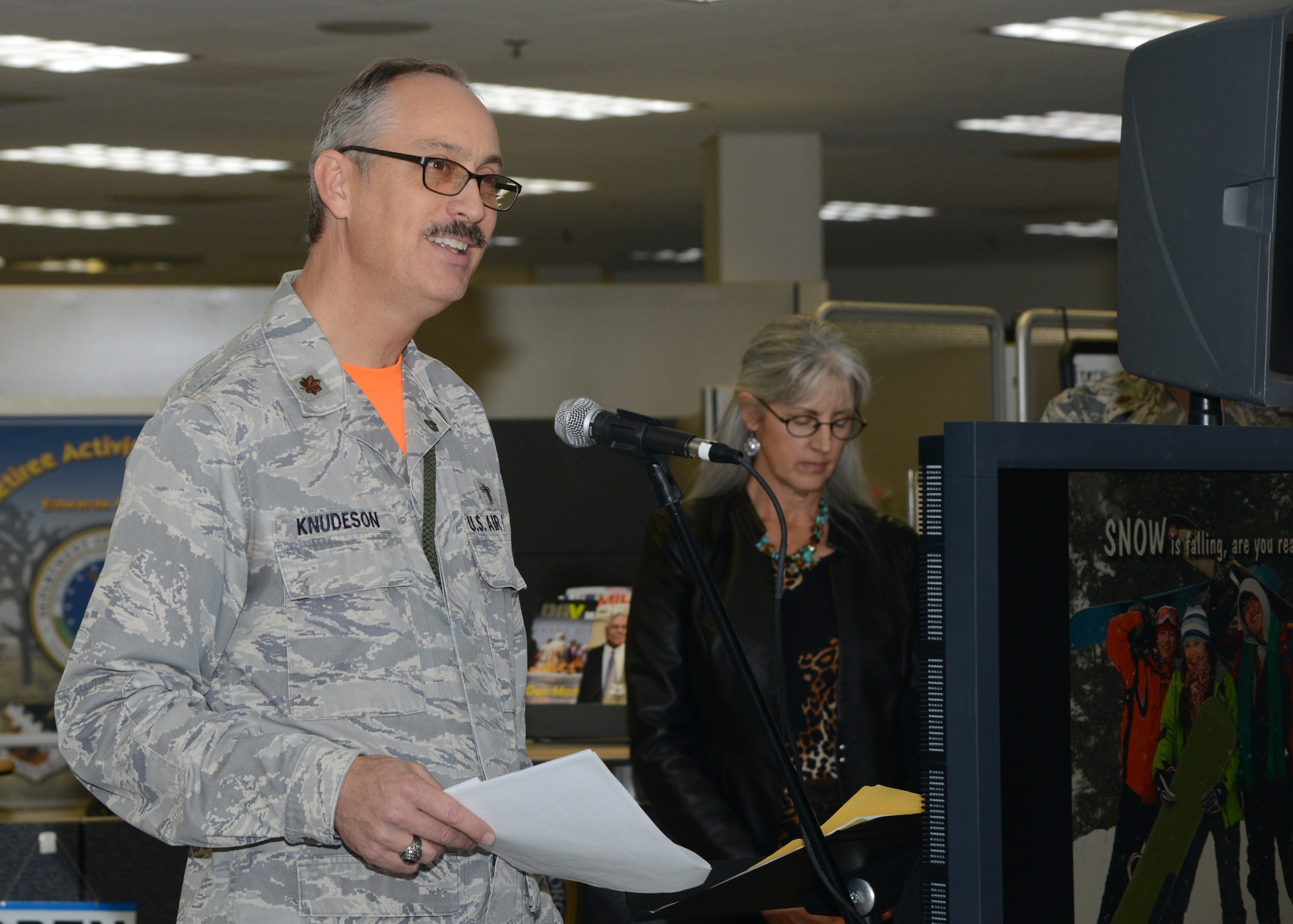 Chaplain Maj. Jason Knudeson honors Dr. Martin Luther King Jr. during a celebration put on by the chapel staff in Bldg. 3000 Jan. 15. (U.S. Air Force photo by Rebecca Amber)