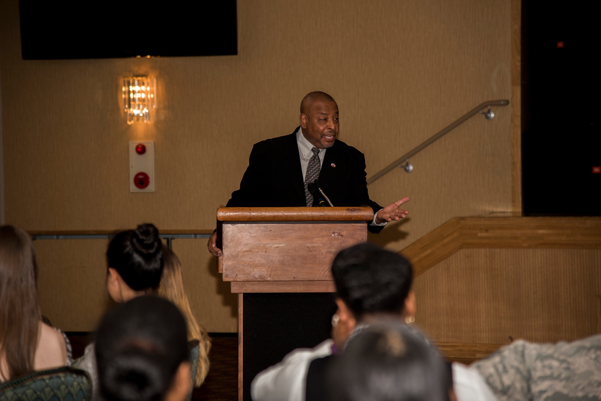 Joseph Myles, Edgren High School assistant principal, gives a speech during the Martin Luther King, Jr. Day observance luncheon held at Misawa Air Base, Japan, Jan. 15, 2016. Myles centered his speech on passion and purpose stating, “He did not just have passion without direction.  His passion had purpose … You see without purpose, there is no direction.  With purpose we have marching orders.  Purpose then drives everything you do.  Once you connect the two, no other force is greater.” (U.S. Air Force photos by Senior Airman Brittany A. Chase)