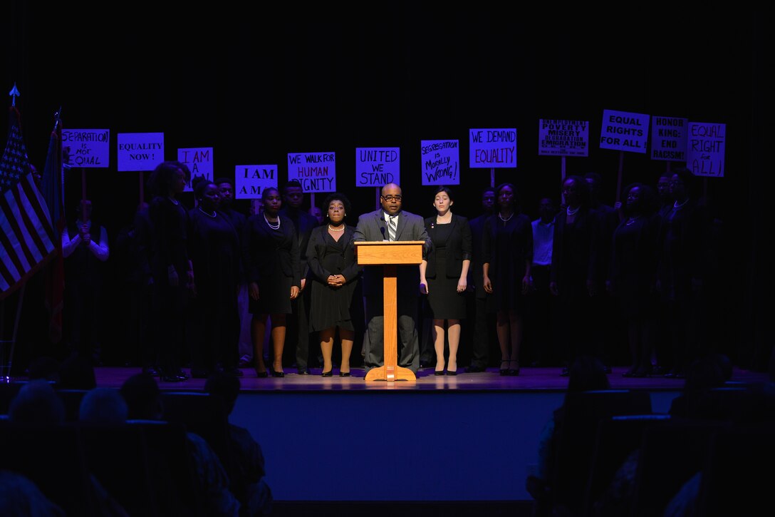 Members of Joint Base Langley-Eustis reenact Dr. Martin Luther King’s “I Have a Dream,” speech during a Dr. Martin Luther King Day Celebration at Fort Eustis, Va., Jan. 13, 2016. The celebration also included a praise dance tribute, essay presentations and a choir performance. (U.S. Air Force photo by Staff Sgt. Natasha Stannard)