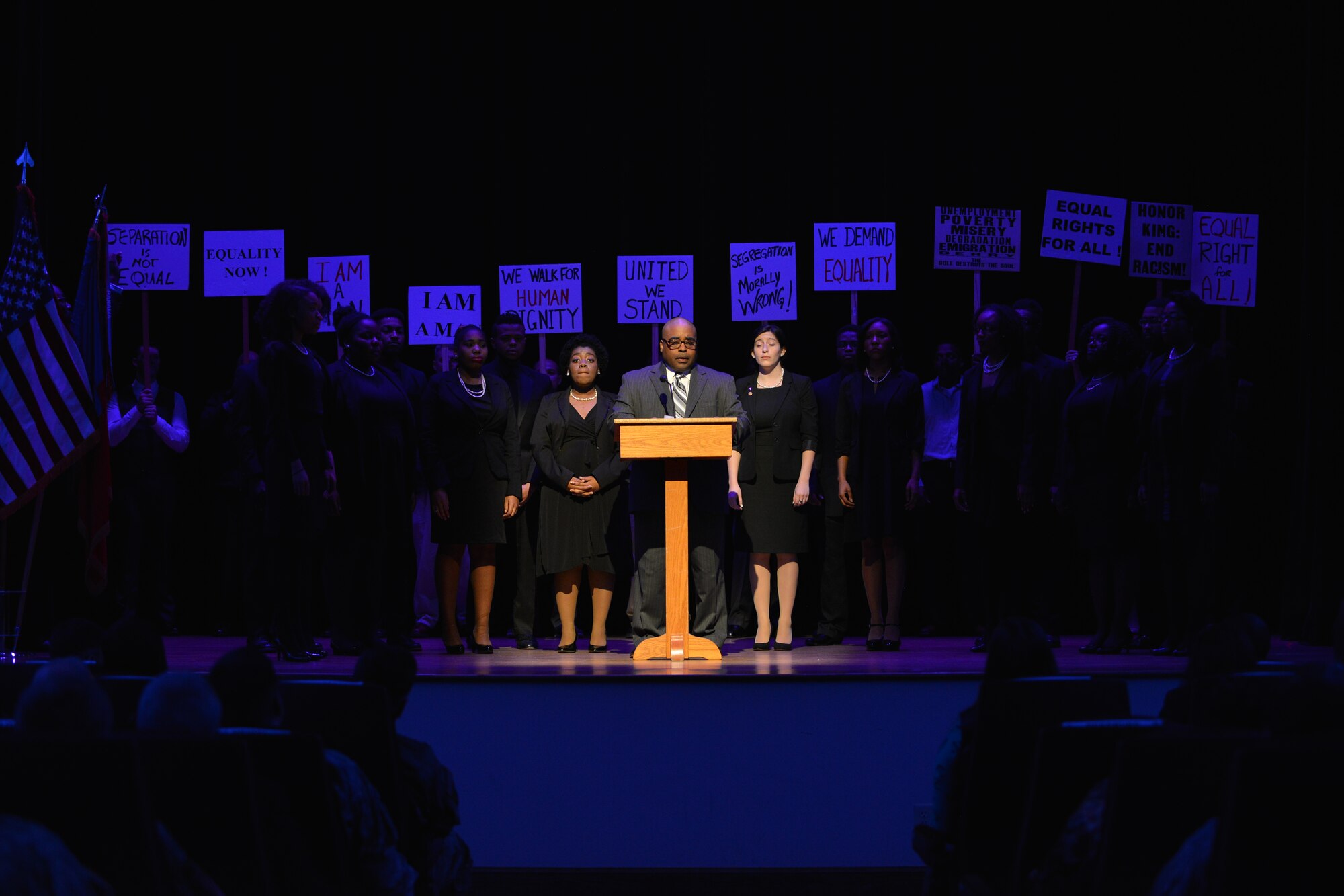 Members of Joint Base Langley-Eustis reenact Dr. Martin Luther King’s “I Have a Dream,” speech during a Dr. Martin Luther King Day Celebration at Fort Eustis, Va., Jan. 13, 2016. The celebration also included a praise dance tribute, essay presentations and a choir performance. (U.S. Air Force photo by Staff Sgt. Natasha Stannard)