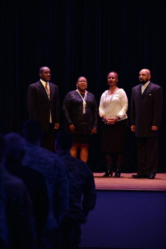 The band Karess sings the national anthem during a Dr. Martin Luther King Day Celebration at Fort Eustis, Va., Jan. 13, 2016. Both Langley Air Force Base and Fort Eustis held ceremonies to commemorate the life and accomplishments of Dr. King. (U.S. Air Force photo by Staff Sgt. Natasha Stannard)