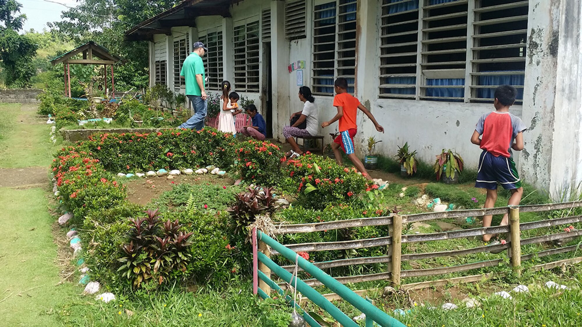 Students play in the gardens at Jaena Norte elementary school, in Panay, Philippines during a site visit. Personnel with the 673d Civil Engineer Group conducted site visits prior to starting a renovation project for the school, scheduled for March 28, as part of a humanitarian and civic assistance portion of exercise Balikatan 2016. (Courtesy photo) 



