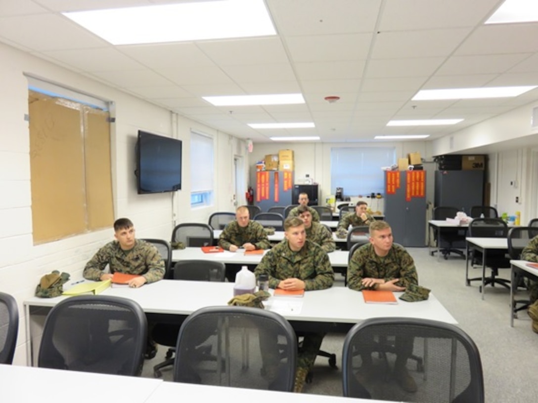 Marines attached to the Advanced Engineer Equipment Electrical Systems Technician course 1-16 (AEEEST 1-16) aboard Marine Corps Engineer School Camp Lejeune, North Carolina; receive their orientation brief.  The orientation brief will introduce the Marines to the course, what to expect from the course and instructors, and what the instructors will expect from them as students. 
