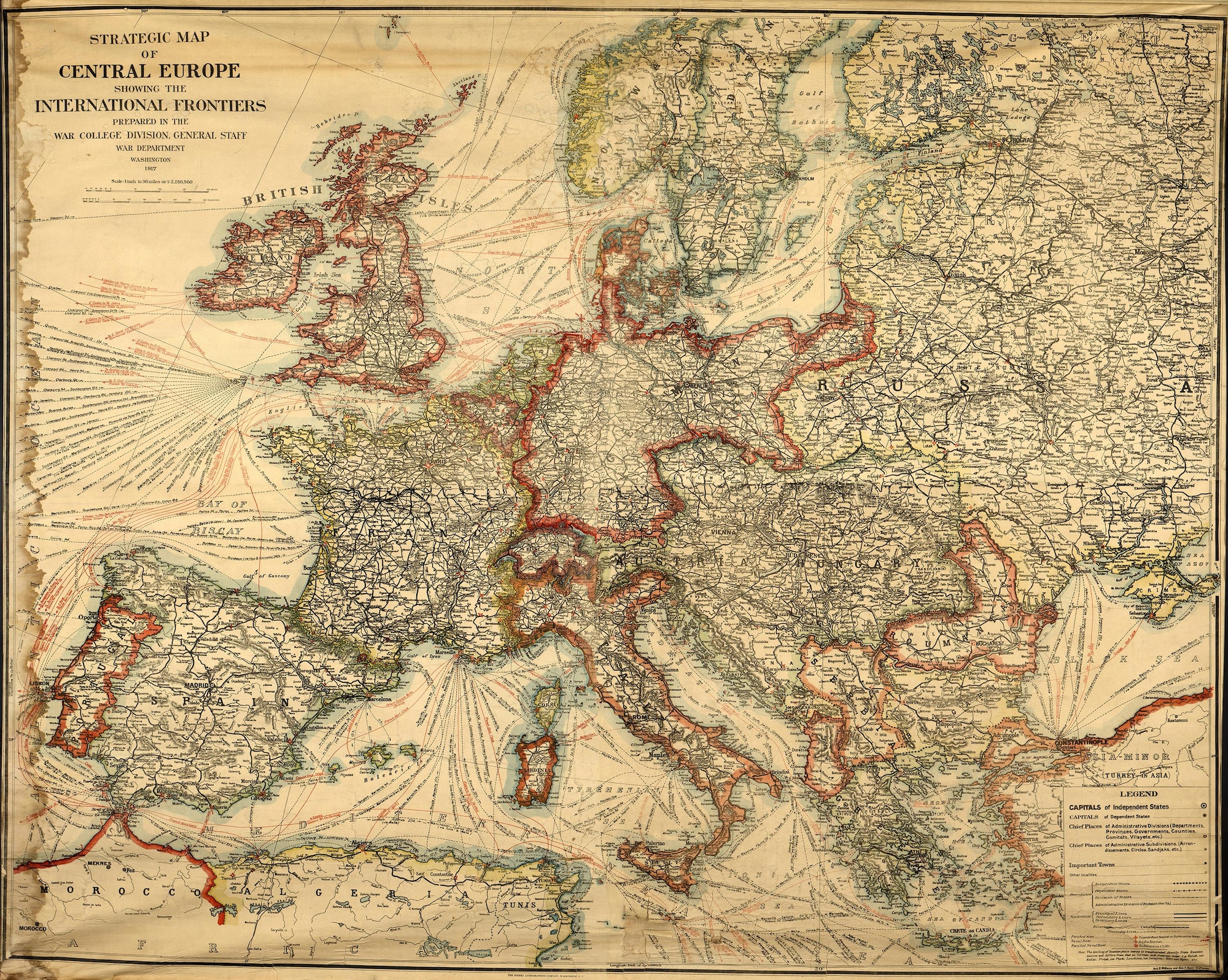This oversize map (5'9" x 4'6") published by the War College Division, General Staff of the U.S. War Department illustrates the international frontiers as recognized by the United States in 1917. The highly detailed map also depicts major shipping routes and the locations of undersea telephone cables. (U.S. Air Force photo)